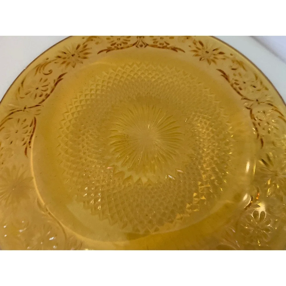 Vintage Tiara Sandwich Glass Plate Amber Floral Embossed 8 Incha